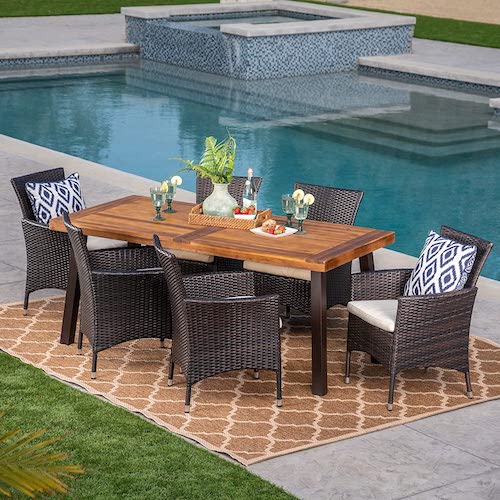 7-piece wicker chairs w/ acacia wood table set